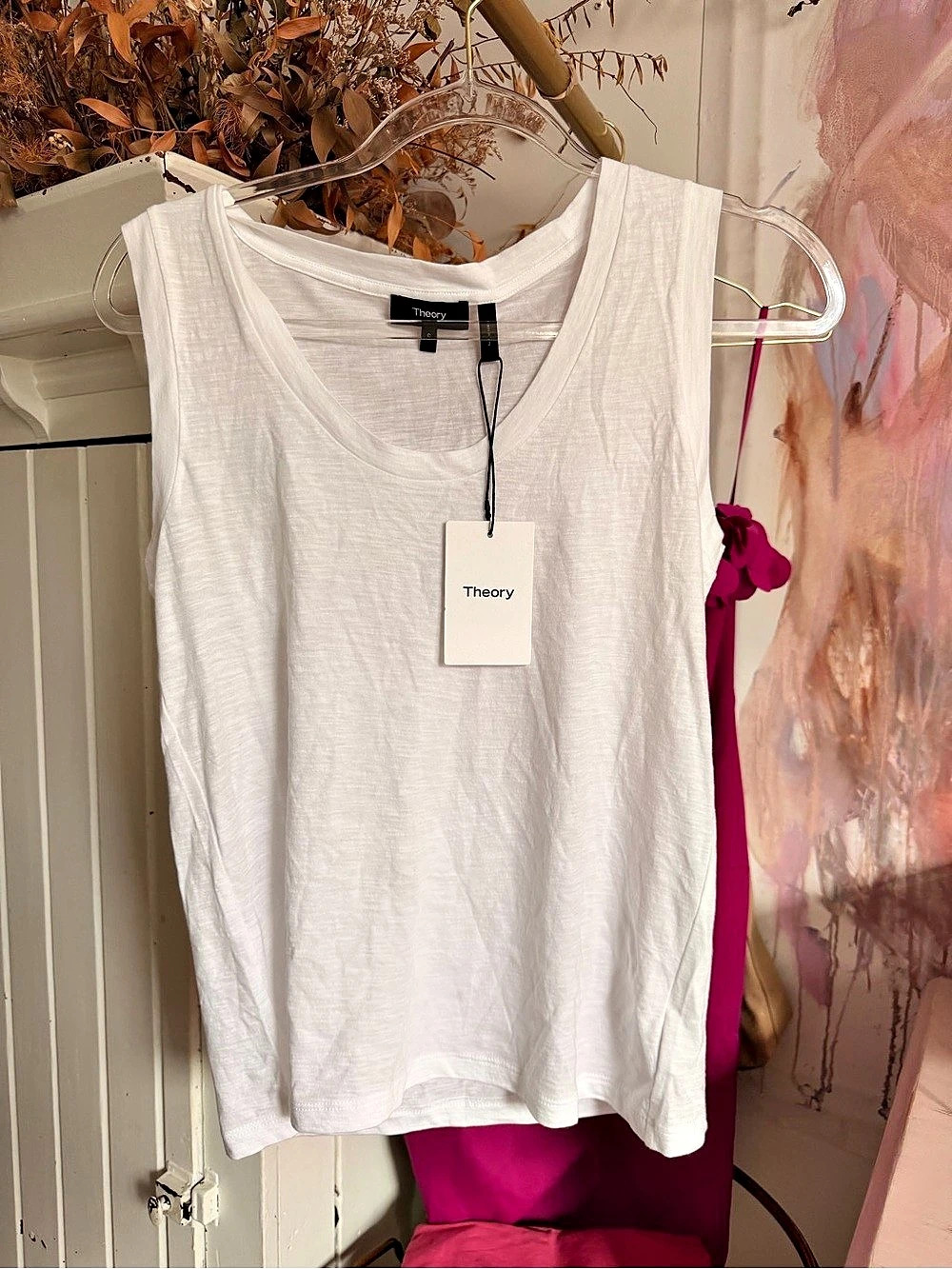 Theory Easy Tank in Sea Slub White Cotton Silk Tank Top Size Small